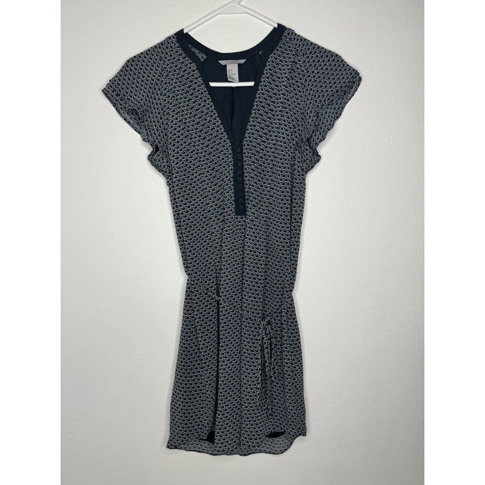 H&M Navy And White Vneck Tie Waist Lined Midi Dress With Flutter Sleeves Size 2